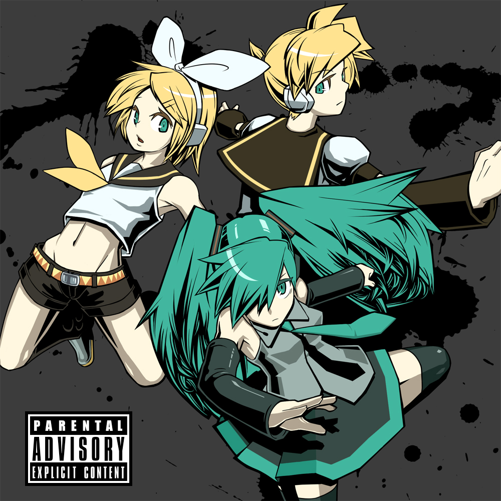 1boy, 2girls, aqua_hair, bad_id, bad_pixiv_id, brother_and_sister, hatsune_miku, kagamine_len