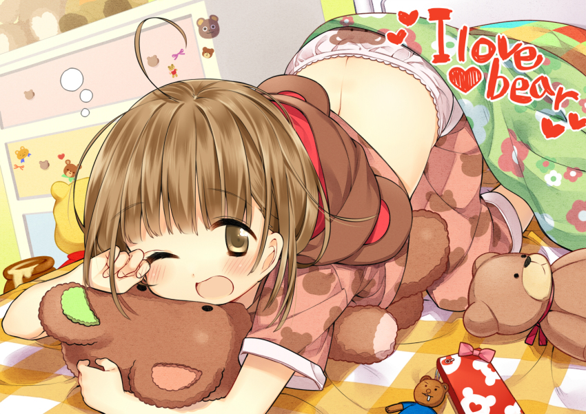 1girl, ;d, ahoge, animal_print, bear_panties, bear_print, blush, brown_hair, butt_crack, child, english_text, female_focus, gag_manga_biyori, hanabana_tsubomi, kumakichi_(character), looking_at_viewer, one_eye_closed, open_mouth, original, pajamas, panties, print_panties, short_hair, smile, solo, under_covers, underwear, wink