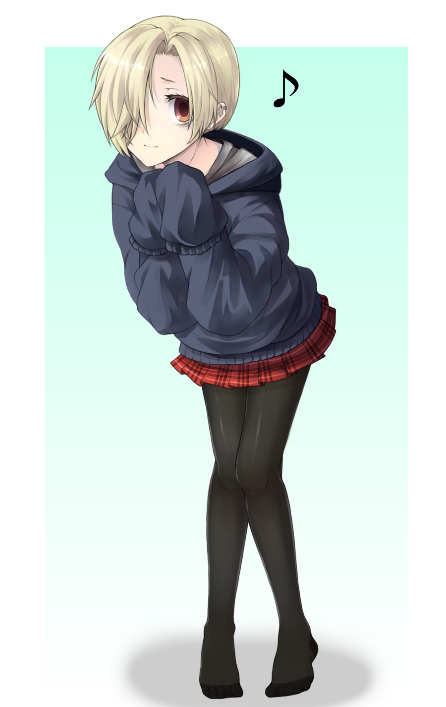 10s, 1girl, bags_under_eyes, bent_over, black_pantyhose, blonde_hair, blush, ear_piercing, gojuu_hachishiki, hair_over_one_eye, highres, idolmaster, idolmaster_cinderella_girls, leaning_forward, long_sleeves, musical_note, pale_skin, pantyhose, piercing, pleated_skirt, red_eyes, shirasaka_koume, short_hair, skirt, sleeves_past_wrists, sweater
