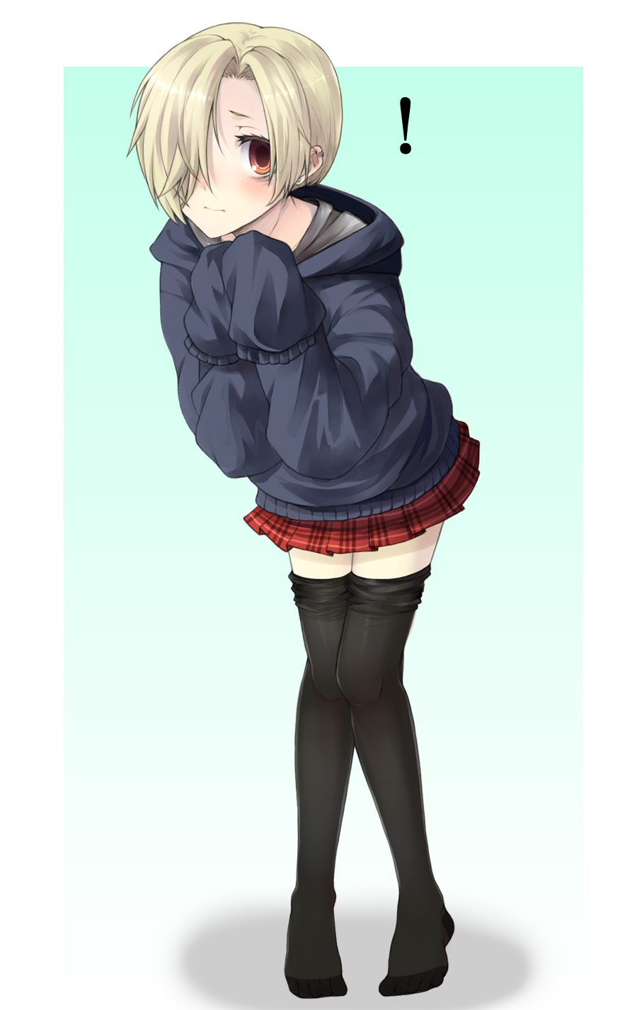 !, 10s, 1girl, bags_under_eyes, bent_over, black_thighhighs, blonde_hair, blush, ear_piercing, gojuu_hachishiki, hair_over_one_eye, highres, idolmaster, idolmaster_cinderella_girls, leaning_forward, long_sleeves, pale_skin, piercing, pleated_skirt, red_eyes, shirasaka_koume, short_hair, skirt, sleeves_past_wrists, sweater, thighhighs, zettai_ryouiki