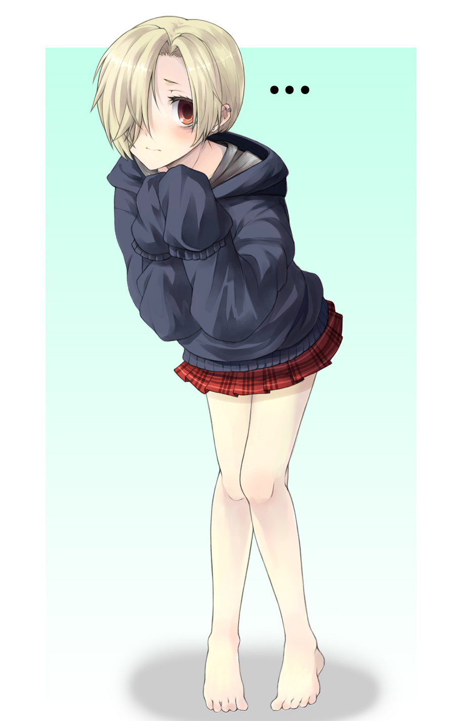 ..., 10s, 1girl, bags_under_eyes, bare_legs, barefoot, bent_over, blonde_hair