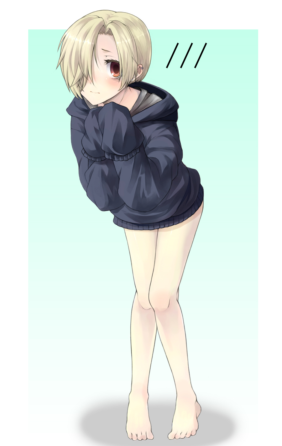10s, 1girl, bags_under_eyes, bare_legs, barefoot, bent_over, blonde_hair, blush, bottomless, ear_piercing, gojuu_hachishiki, hair_over_one_eye, highres, idolmaster, idolmaster_cinderella_girls, leaning_forward, long_sleeves, pale_skin, piercing, red_eyes, shirasaka_koume, short_hair, sleeves_past_wrists, sweater