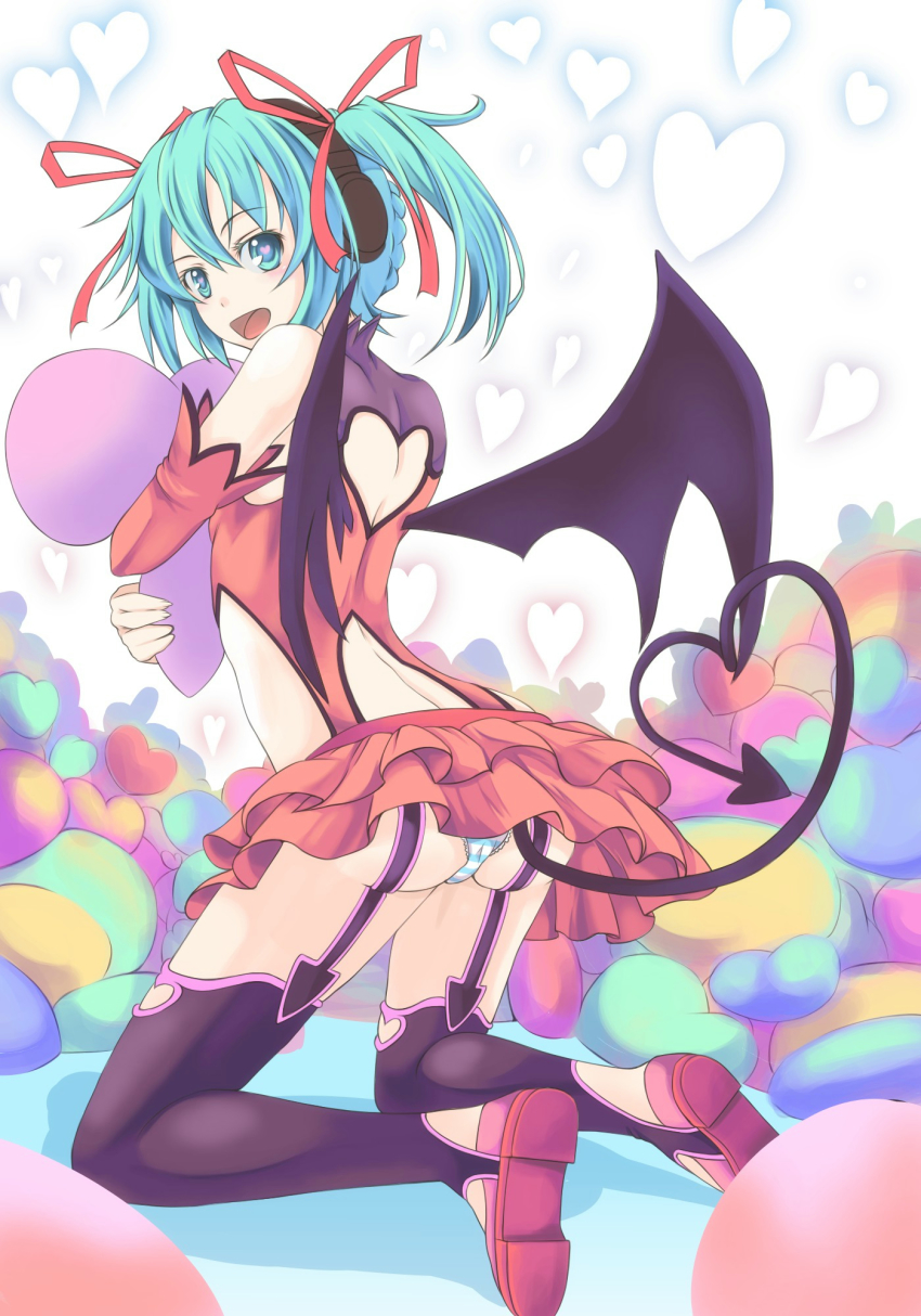 1girl, aqua_eyes, aqua_hair, ass, demon_girl, demon_tail, demon_wings, detached_sleeves