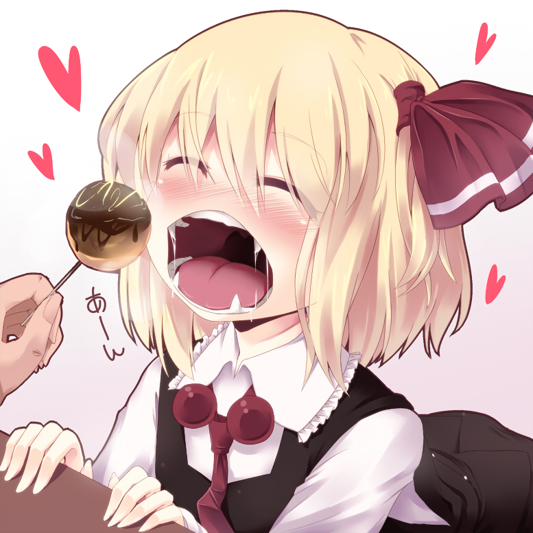 1girl, blonde_hair, blush, closed_eyes, fangs, feeding, female_focus, food
