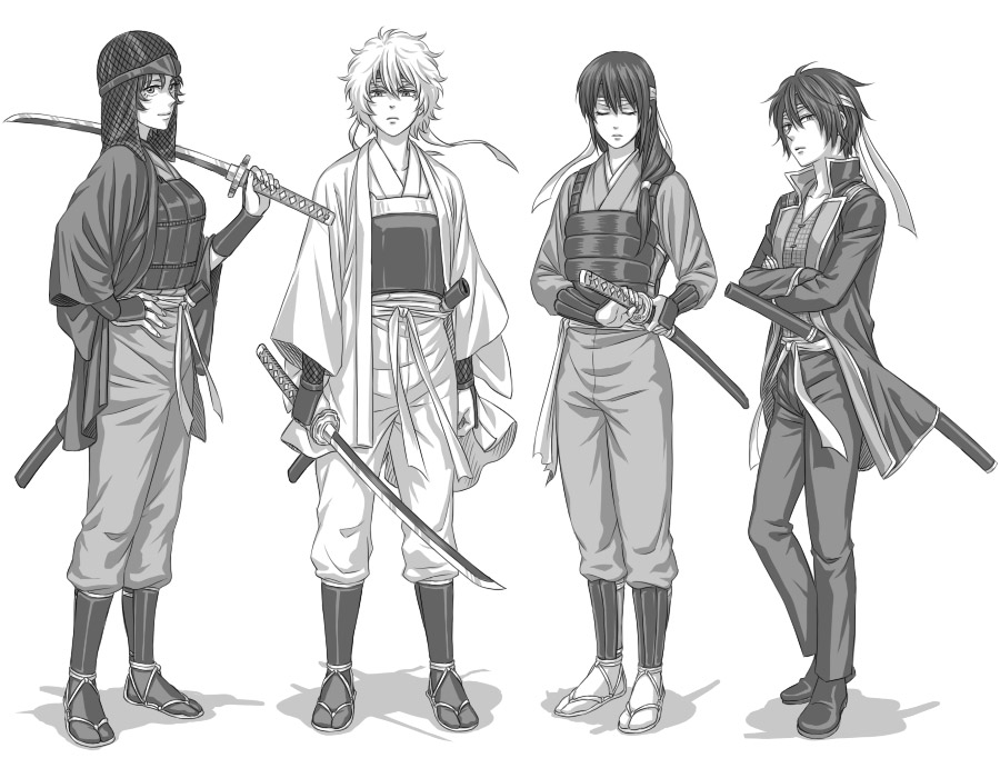 4girls, gender_request, genderswap, gintama, greyscale, hat, headband, japanese_clothes