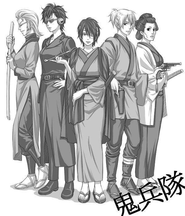 1boy, 4girls, bandage_over_one_eye, genderswap, genderswap_(ftm), genderswap_(mtf), gintama, glasses, greyscale, gun, k_z_n, katana, kawakami_bansai, kiichi_(9ta), kijima_matako, kiseru, monochrome, multiple_girls, nizou_okada, smoking_pipe, ponytail, sheath, sheathed, sword, takasugi_shinsuke, takechi_henpeita, weapon