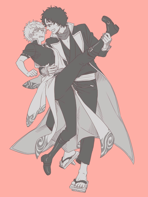 1boy, 1girl, boots, dancing, gender_request, genderswap, geta, gintama