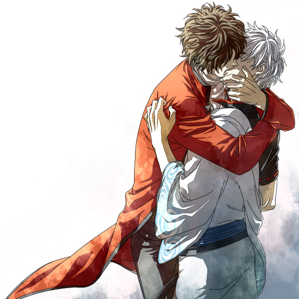 2boys, brown_hair, gintama, japanese_clothes, k_z_n, kiichi_(9ta), kiss, male_focus, multiple_boys, sakamoto_tatsuma, sakata_gintoki, silver_hair, yaoi