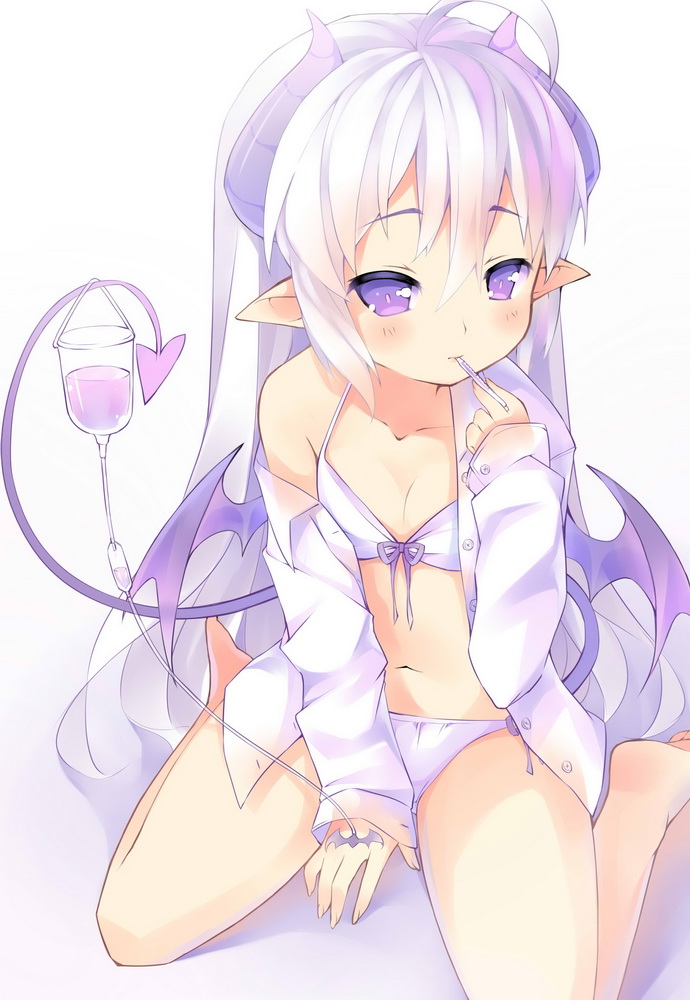 1girl, bikini, blush, collarbone, demon_horns, demon_tail, female_focus, flat_chest, front-tie_top, horns, intravenous_drip, light_purple_hair, long_hair, mofetousu_furuna, mouth_hold, navel, off_shoulder, open_clothes, open_shirt, original, pointy_ears, purple_eyes, saru, shirt, sitting, solo, swimsuit, tail