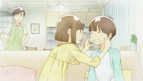 animated, animated_gif, brother_and_sister, brown_hair, bullying, cheek_pinching, hourou_musuko, lowres, nitori_hiroyuki, nitori_maho, nitori_satomi, nitori_shuuichi, pinching, short_hair, siblings