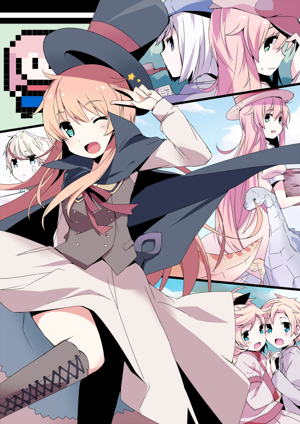 10s, 1boy, 2girls, bad_id, bad_pixiv_id, blush, boots, cape