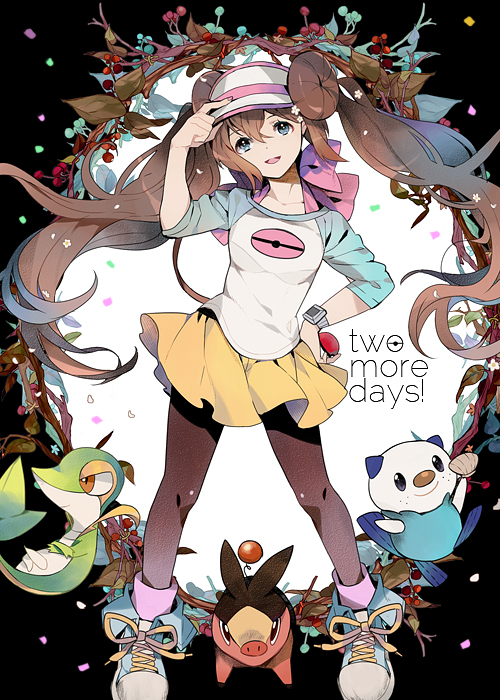 10s, 1girl, black_pantyhose, blue_eyes, brown_hair, contrapposto, double_bun, english_text, gen_5_pokemon, hair_bun, hand_on_own_hip, holding, holding_poke_ball, lirica, long_hair, nintendo, oshawott, pantyhose, poke_ball, pokemon, pokemon_(creature), pokemon_black_2_and_white_2, raglan_sleeves, rosa_(pokemon), shoes, shorts, sleeves_rolled_up, sneakers, snivy, socks, standing, starter_pokemon_trio, tepig, twintails, very_long_hair, visor_cap, watch, wristwatch