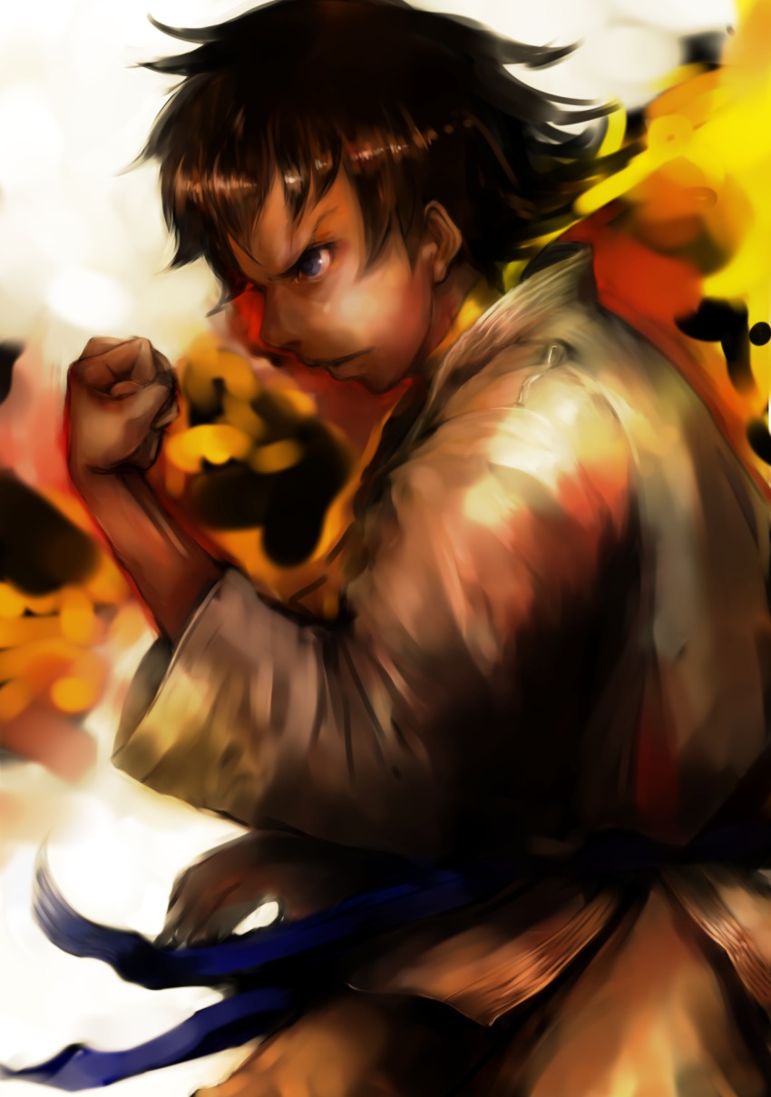 1girl, black_hair, blue_eyes, capcom, choker, clenched_hand, dougi, female_focus, fighting_stance, highres, inoe_(noie), makoto_(street_fighter), ribbon_choker, scarf, short_hair, solo, street_fighter, street_fighter_iii_(series), street_fighter_iv_(series), tomboy