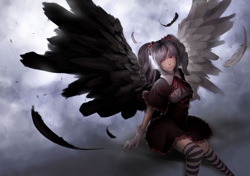 10s, 1girl, bow, dress, drill_hair, female_focus, gloves, grey_hair, hair_bow, hair_ribbon, idolmaster, idolmaster_cinderella_girls, kanzaki_ranko, red_eyes, ribbon, solo, thighhighs, tseirp, twin_drills, twintails, wings