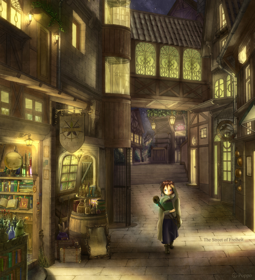 1girl, alley, artist_name, awning, bag, barcelona88fly, barrel, bicycle, bird, blue_eyes, book, book_stack, bookshelf, bottle, brick_wall, brown_hair, buckle, building, cabinet, cape, city, cityscape, cloak, cork, doorway, drainpipe, fantasy, female_focus, frying_pan, globe, hand_on_own_head, handbag, highres, holding, holding_book, jar, lamp, lantern, long_skirt, long_sleeves, mirror, mushroom, night, open_book, original, outdoors, pavement, poppo_sutchy, pot, purple_skirt, scenery, scroll, shop, short_hair, shoulder_bag, sign, skirt, sky, solo, staff, stained_glass, star_(sky), star_(symbol), storefront, suitcase, test_tube, tile_roof, tree, walking, watermark, window