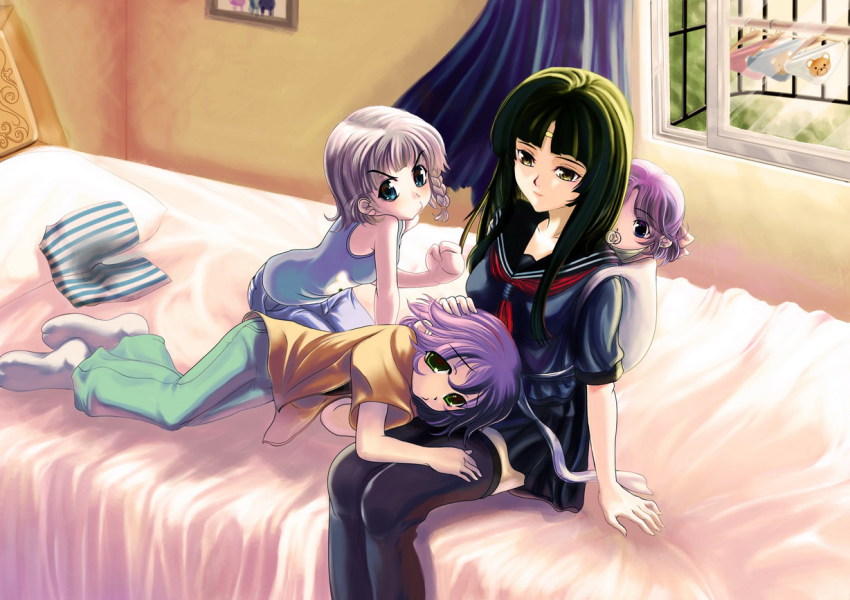 3girls, aged_down, arado_balanga, baby, bad_id, bad_pixiv_id, banpresto, bed