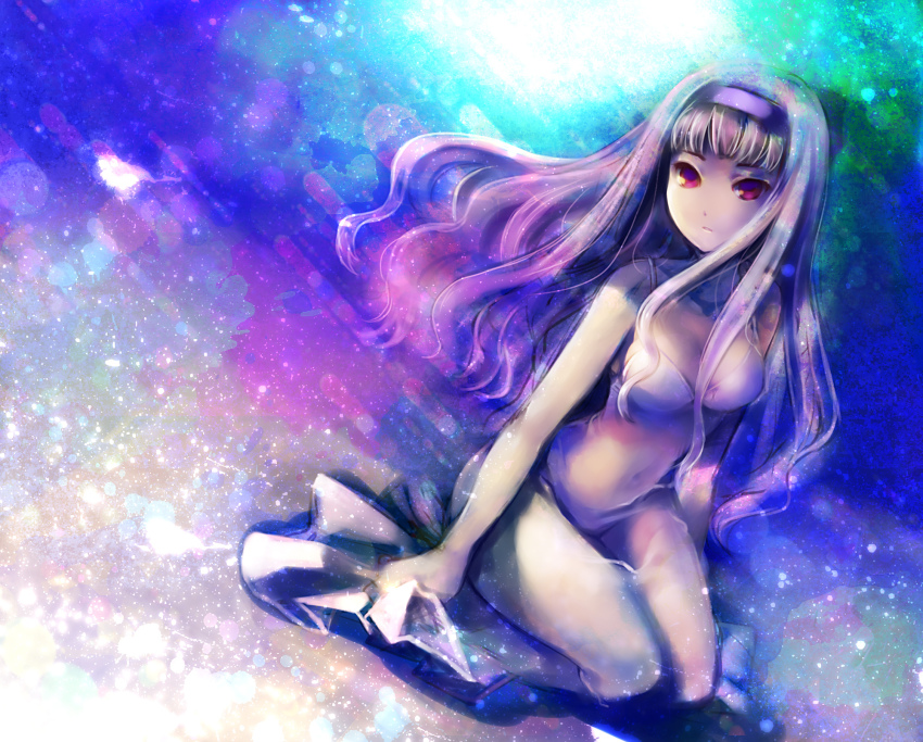 1girl, bikini, casual_one-piece_swimsuit, collarbone, female_focus, hairband, highres, idolmaster, idolmaster_(classic), inpr, navel, one-piece_swimsuit, parted_lips, red_eyes, shijou_takane, silver_hair, sitting, solo, swimsuit