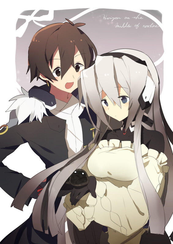 1boy, 1girl, aoi_toori, apron, blue_eyes, bodysuit, brown_algae, brown_eyes