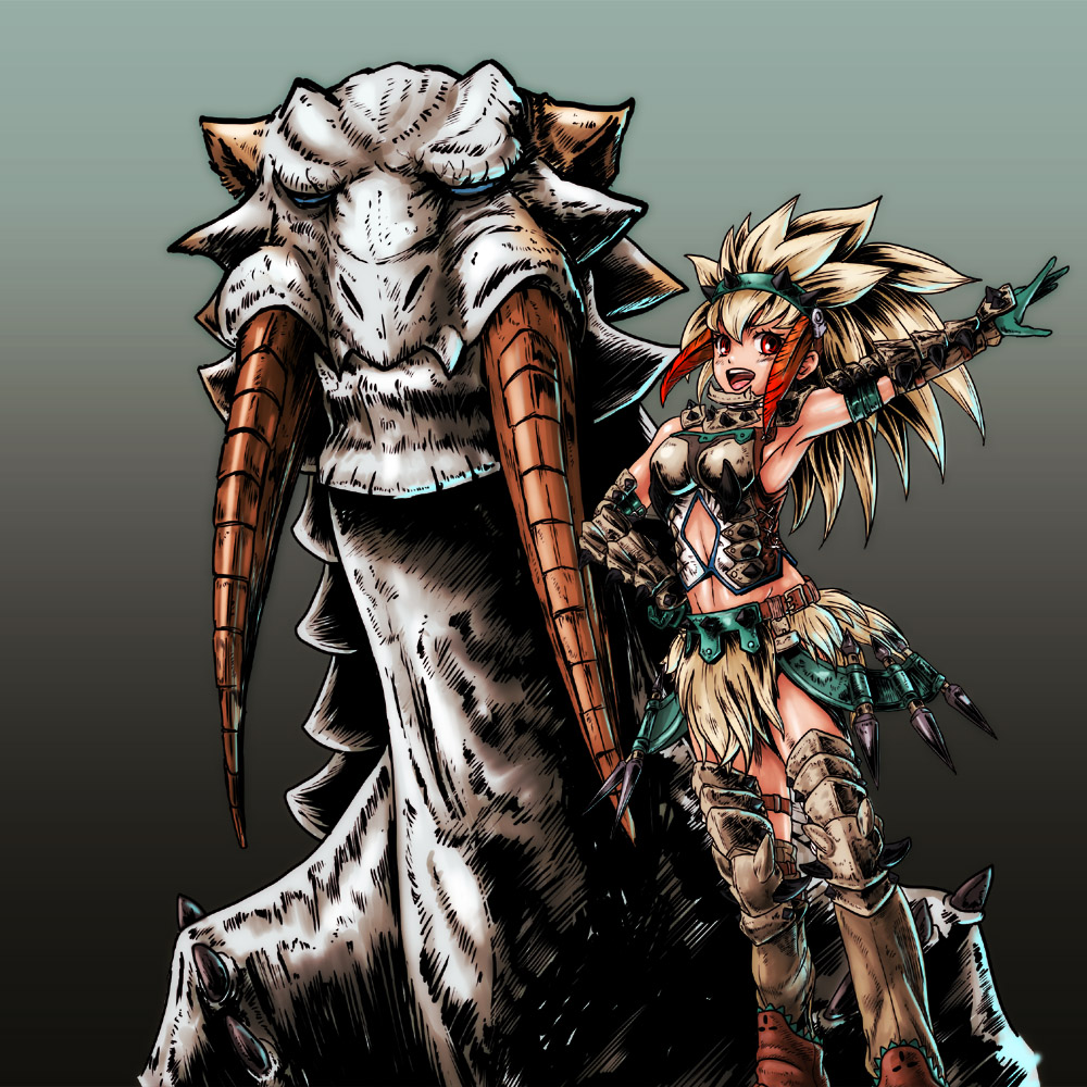 1girl, armor, barioth, barioth_(armor), capcom, midriff, minakaya, monster