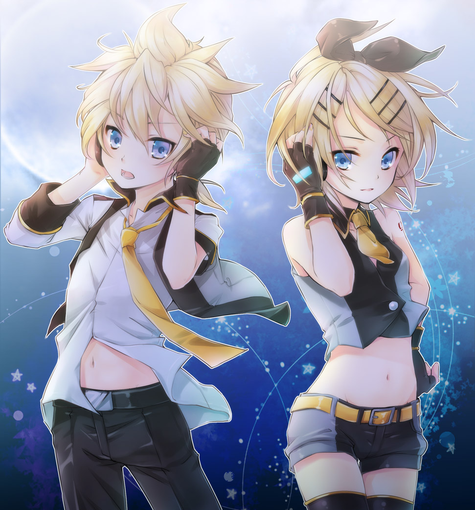 1boy, 1girl, kagamine_rin_(black_star), blonde_hair, blue_eyes, kagamine_len_(blue_moon), brother_and_sister, gloves, hair_ornament, hair_ribbon, hairclip, kagamine_len, kagamine_rin, kodoku_no_hate_(vocaloid), looking_at_viewer, midriff, natsumi_yuu, navel, necktie, open_mouth, project_diva_(series), project_diva_extend, ribbon, short_hair, shorts, siblings, thighhighs, twins, vocaloid, yellow_necktie