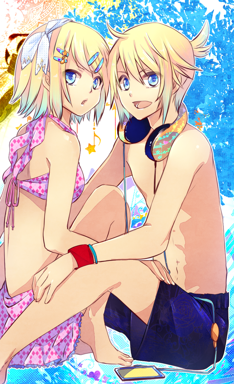 1boy, 1girl, aqua_eyes, bad_id, bad_piapro_id, bikini, blonde_hair, brother_and_sister, hair_ornament, hair_ribbon, hairclip, headphones, headphones_around_neck, highres, kagamine_len, kagamine_rin, kaisaki, ribbon, short_hair, siblings, swimsuit, vocaloid