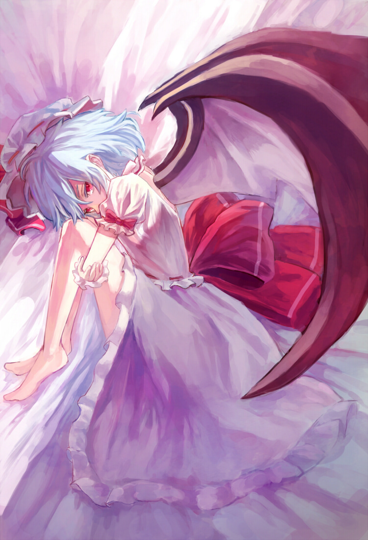1girl, bat_wings, blue_hair, dress, female_focus, hat, kotaro-nosuke, lying