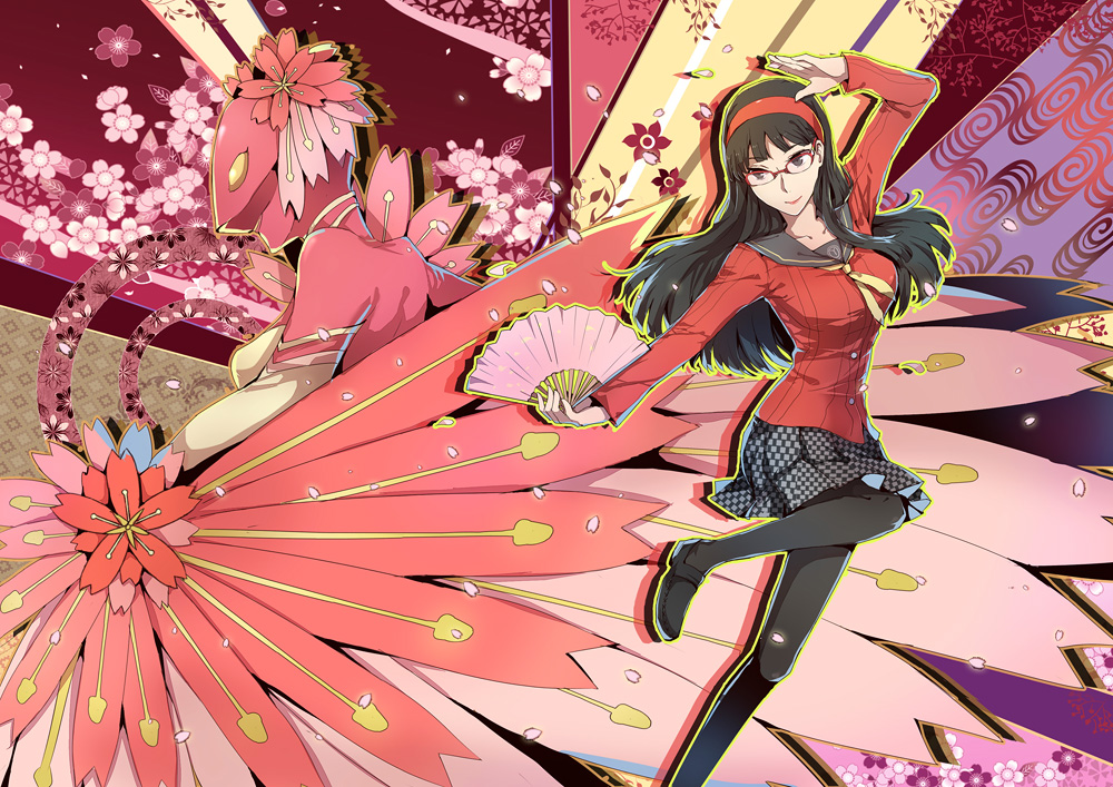 1girl, amagi_yukiko, arm_up, ascot, atlus, black_eyes, black_hair, black_pantyhose, breasts, checkered_clothes, checkered_skirt, folding_fan, glasses, hairband, hand_fan, konohana_sakuya_(persona), lipstick, makeup, pantyhose, persona, persona_4, school_uniform, skirt, toruglose