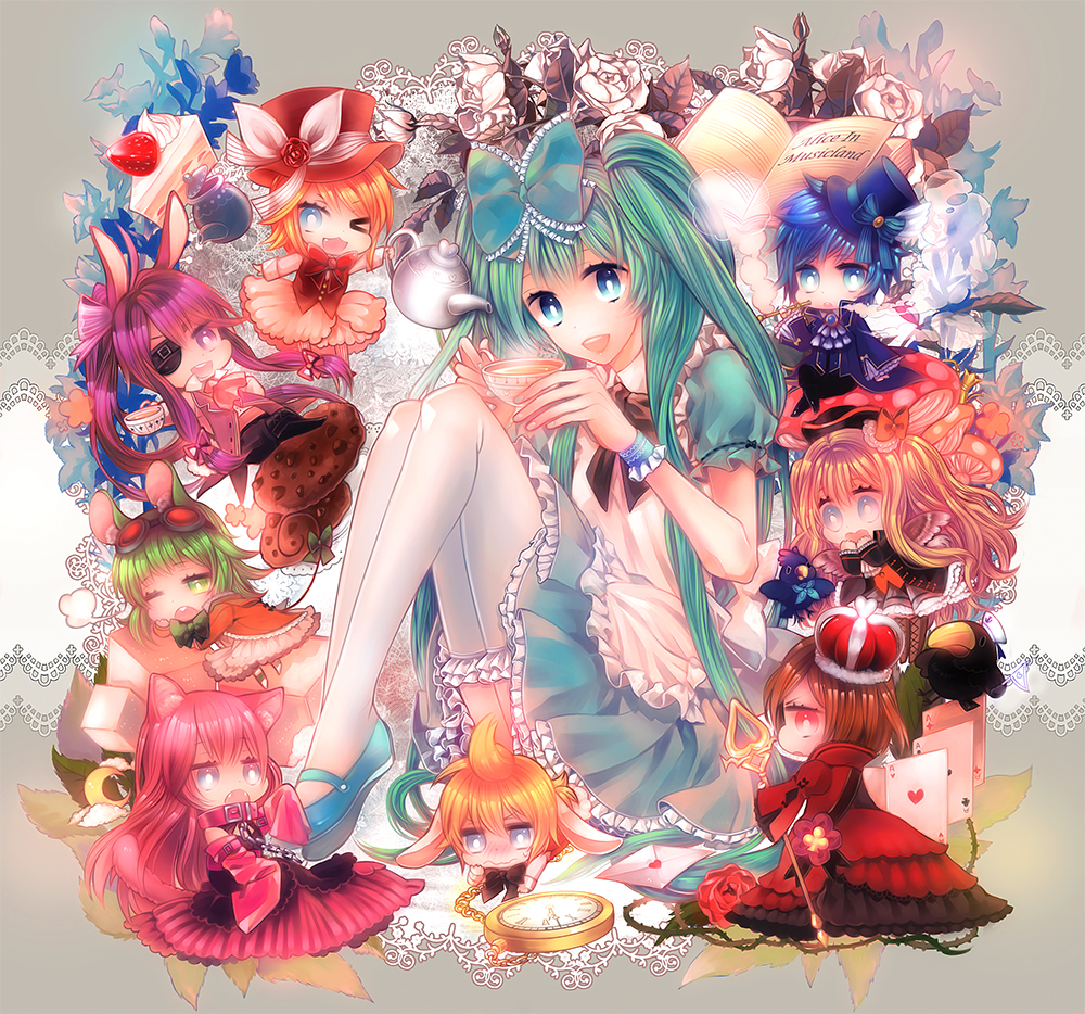 3boys, 5girls, alice_in_musicland_(vocaloid), animal_ears, ayaya_(wpfoal), bad_id, bad_pixiv_id, book, copyright_name, crown, cup, dress, eyepatch, fang, flower, goggles, goggles_on_head, hat, hatsune_miku, kagamine_len, kagamine_rin, kaito_(vocaloid), kamui_gakupo, long_hair, mary_janes, megurine_luka, meiko_(vocaloid), multiple_boys, multiple_girls, one_eye_closed, pocket_watch, seeu, shoes, sitting, teacup, teapot, thighhighs, top_hat, very_long_hair, vocaloid, watch, white_legwear, wink