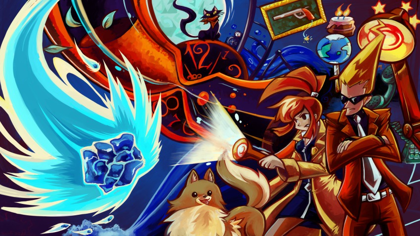 1boy, 1girl, badge, blonde_hair, cake, candle, cat, cat_(ghost_trick)