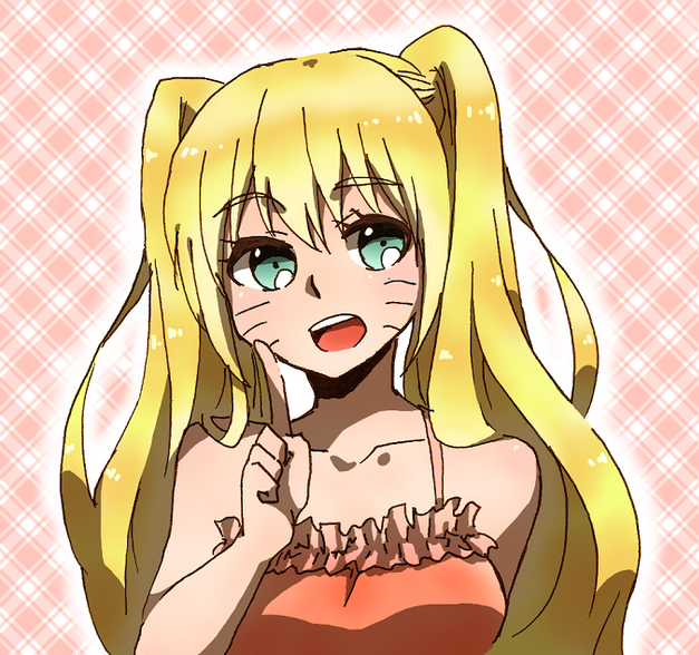 1girl, blonde_hair, blush, breasts, collarbone, dress, facial_mark, facing_viewer, female_focus, finger_up, frills, genderswap, genderswap_(mtf), green_eyes, hand_up, index_finger_raised, long_hair, looking_away, looking_to_the_side, naruko_(naruto), naruto_(classic), naruto_(series), open_mouth, orange_dress, outline, solo, sundress, teeth, tongue, twintails, uzumaki_naruto, very_long_hair, whisker_markings, whiskers, white_outline