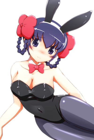 1girl, animal_ears, ayukawa_tenri, black_hair, bow, bowtie, braid, braided_hair_rings, breasts, cleavage, covered_navel, detached_collar, fake_animal_ears, hair_rings, kami_nomi_zo_shiru_sekai, large_breasts, long_hair, lying, on_side, pantyhose, playboy_bunny, purple_eyes, rabbit_ears, twin_braids, yuu_yuu_(netaeshi58)