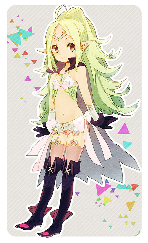 1girl, bad_id, bad_pixiv_id, bare_shoulders, belt, boots, brown_eyes, brown_hair, female_focus, fire_emblem, fire_emblem_awakening, garter_belt, garter_straps, gloves, green_hair, ioko, nintendo, nowi_(fire_emblem), pointy_ears, ponytail, short_shorts, shorts, solo, thigh_boots, thighhighs