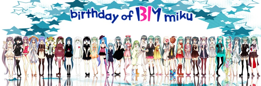 6+girls, absurdres, ai_to_makoto_(vocaloid), anata_no_utahime_(vocaloid), apple, aqua_hair, bandages, bandaid