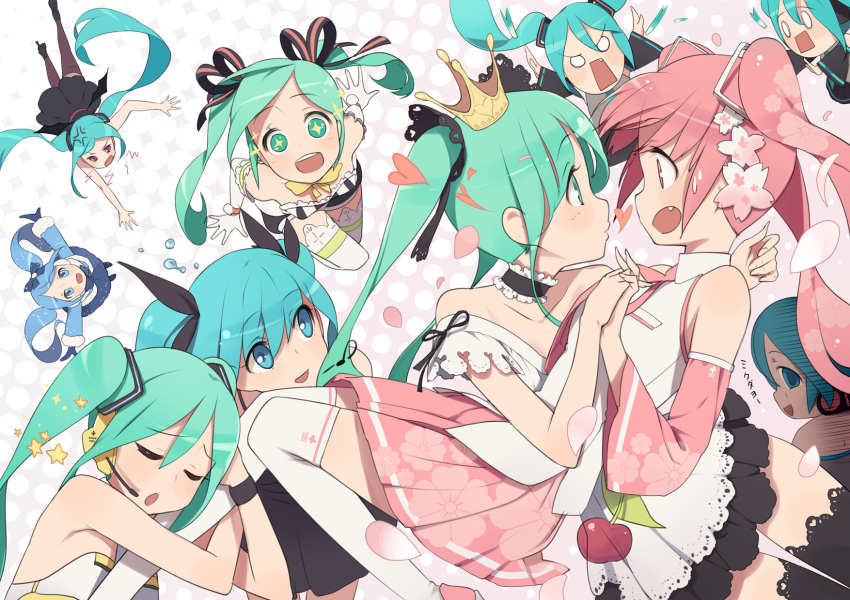 +_+, 6+girls, :d, anger_vein, aqua_eyes, aqua_hair, blue_eyes, blue_hair, blush, chibi, crown, dual_persona, fang, green_hair, hachune_miku, hatsune_miku, hatsune_miku_(yellow), heart, highres, long_hair, looking_at_viewer, multiple_girls, multiple_persona, musical_note, open_mouth, pink_eyes, pink_hair, project_diva, project_diva_(series), project_diva_2nd, sakura_miku, selfcest, shinkai_shoujo_(vocaloid), smile, sparkle, ssberit, star_(symbol), thighhighs, twintails, very_long_hair, vocaloid, world_is_mine_(vocaloid), yellow_(vocaloid), yuki_miku, yuri, zettai_ryouiki