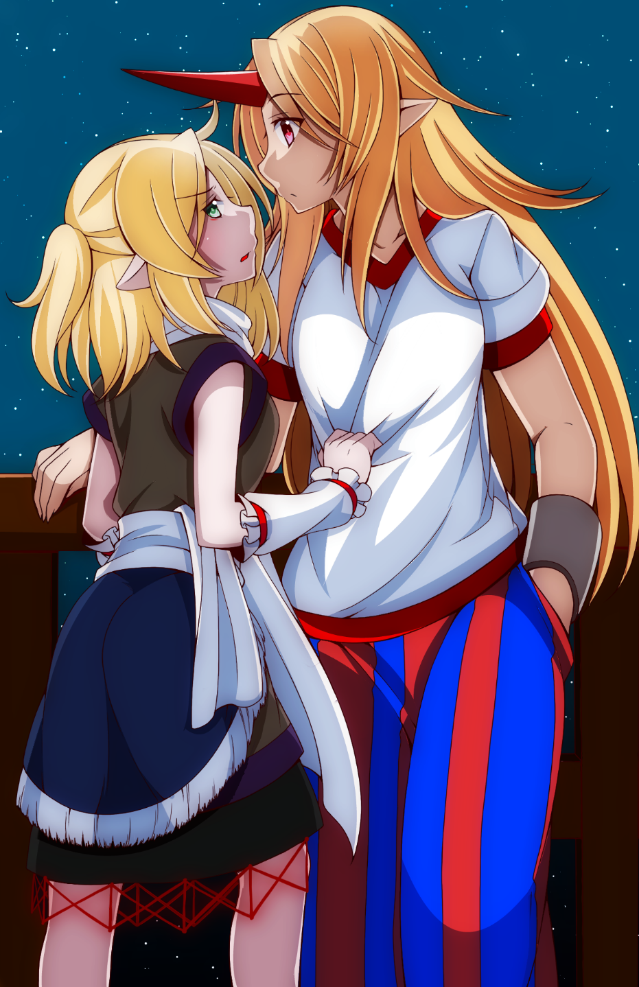 2girls, bad_id, bad_pixiv_id, blonde_hair, bridge, clothes_grab, collarbone, colorized