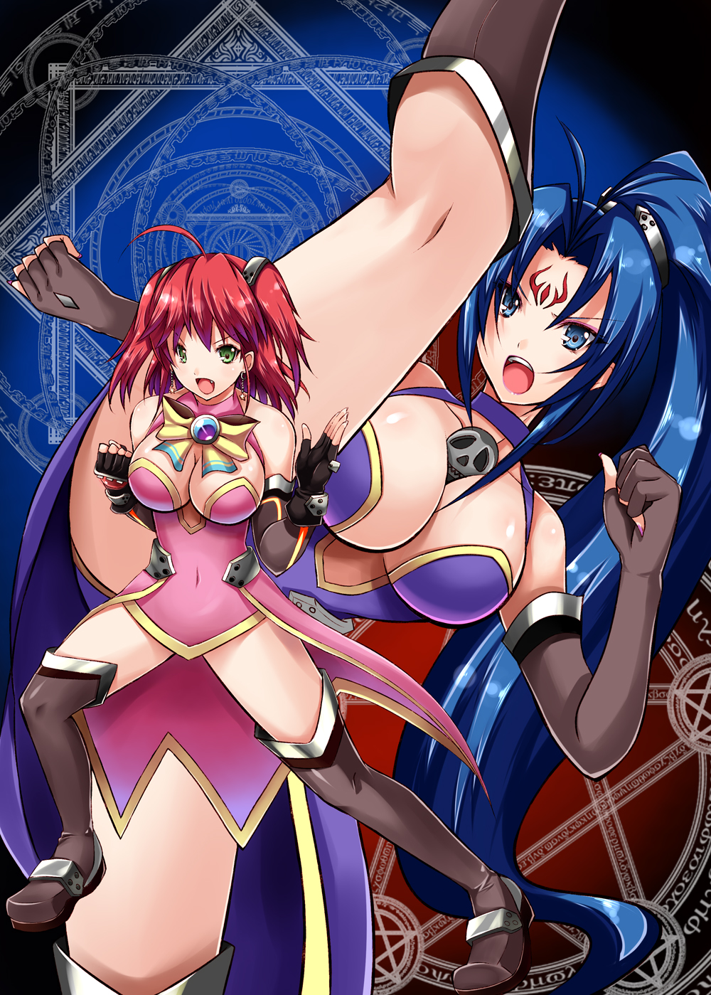 2girls, :o, alice_wishheart, alternate_costume, black_legwear, blue_eyes, blue_hair, boots