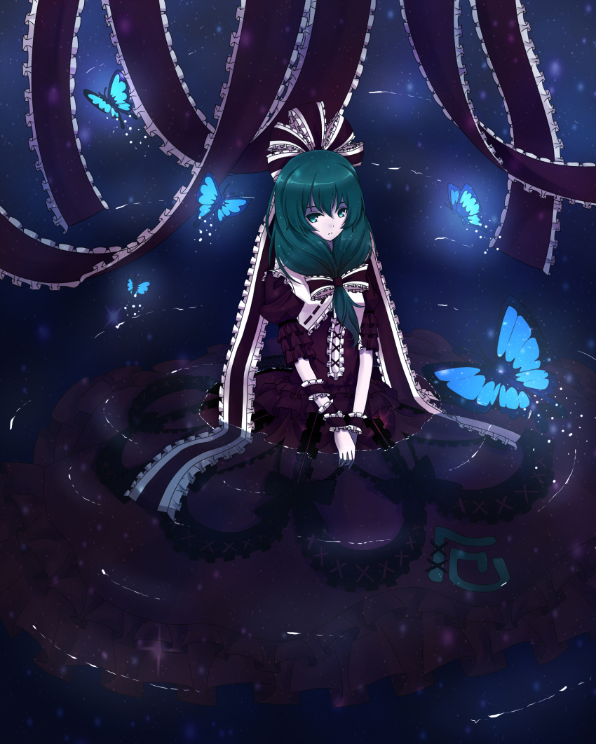 1girl, aqua_eyes, aqua_hair, arm_ribbon, bow, bug, butterfly, dress