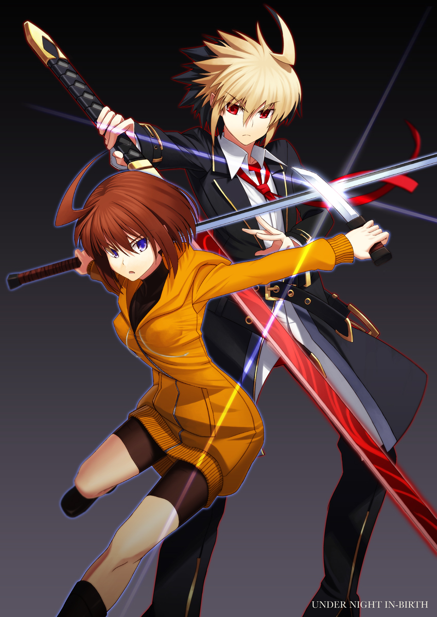 1boy, 1girl, ahoge, bike_shorts, black_hair, blonde_hair, breasts, brown_hair, copyright_name, dual_wielding, highres, holding, hood, hoodie, huge_weapon, kido_hyde, koyama_keisuke, linne_(under_night_in-birth), multicolored_hair, orange_shirt, red_eyes, reverse_grip, shirt, short_hair, sword, two-tone_hair, under_night_in-birth, weapon