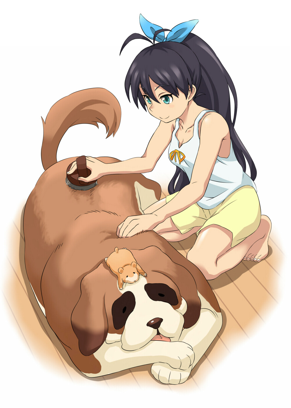 1girl, animal, barefoot, bow, brown_hair, brush, brushing, casual