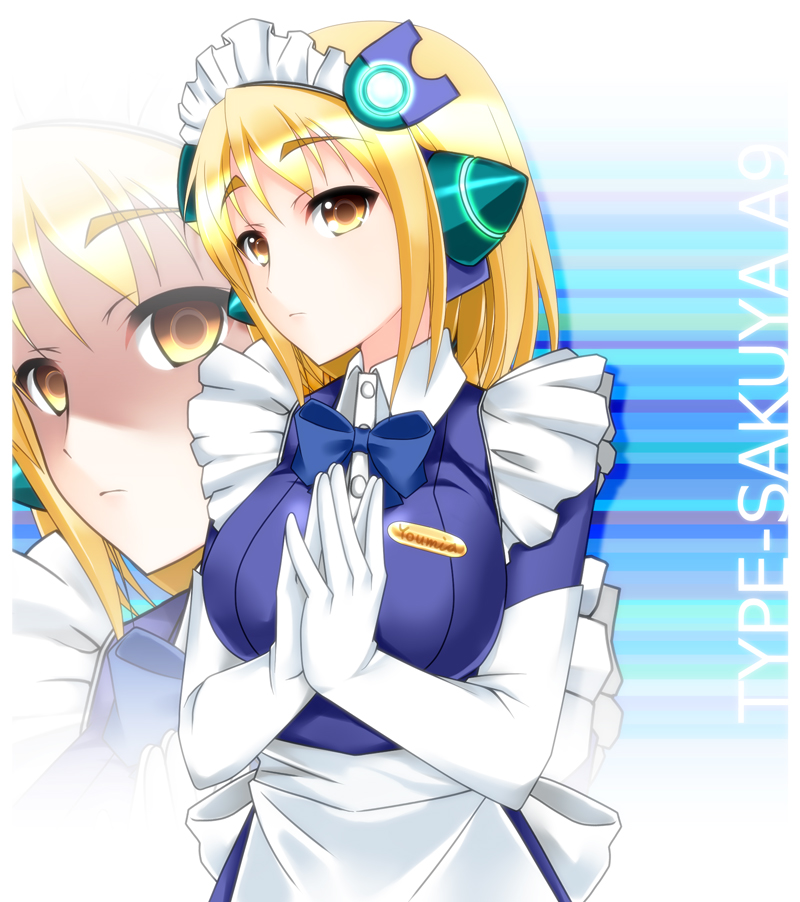 1girl, blonde_hair, bonnet, dress, female_focus, madoushi_s, maid, maid_headdress