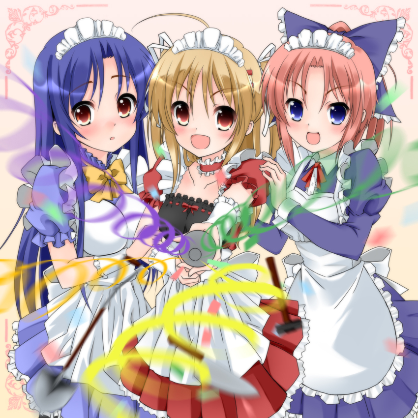 3girls, apron, blonde_hair, blue_hair, bonnet, dress, hair_ornament, hammer