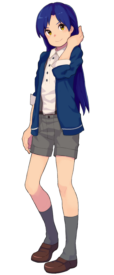 1girl, adjusting_hair, asamoto, blue_hair, female_focus, full_body, grey_socks, idolmaster