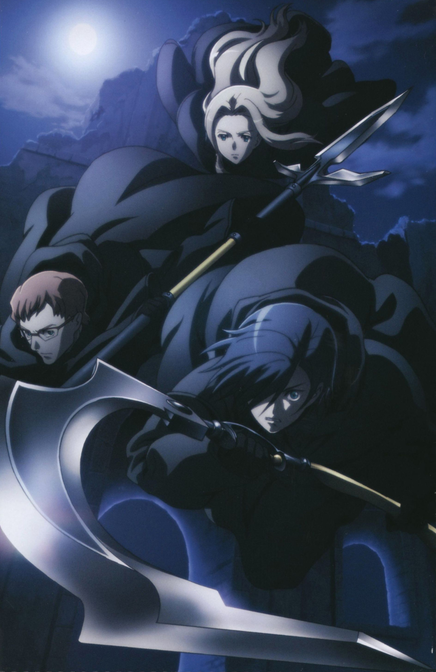 00s, 1girl, 2boys, absurdres, blonde_hair, blood+, cloak, green_eyes