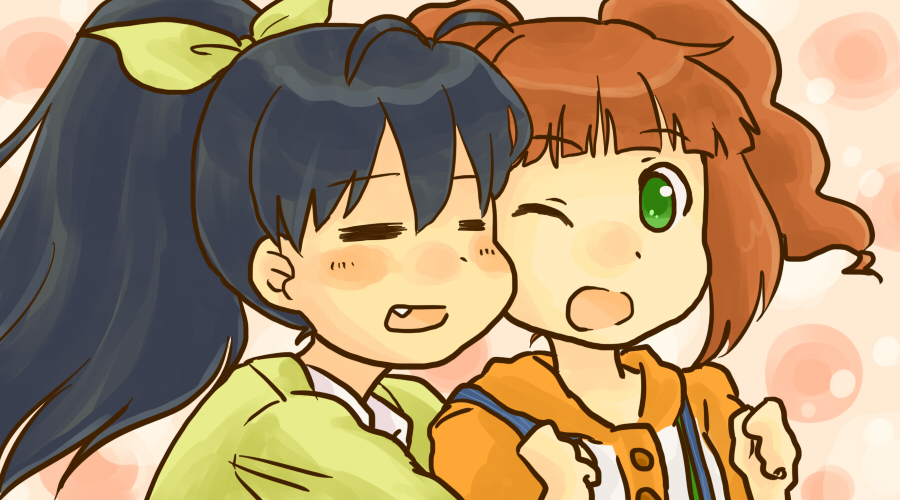 black_hair, brown_hair, ganaha_hibiki, green_eyes, hug, idolmaster, idolmaster_(classic), kome-me