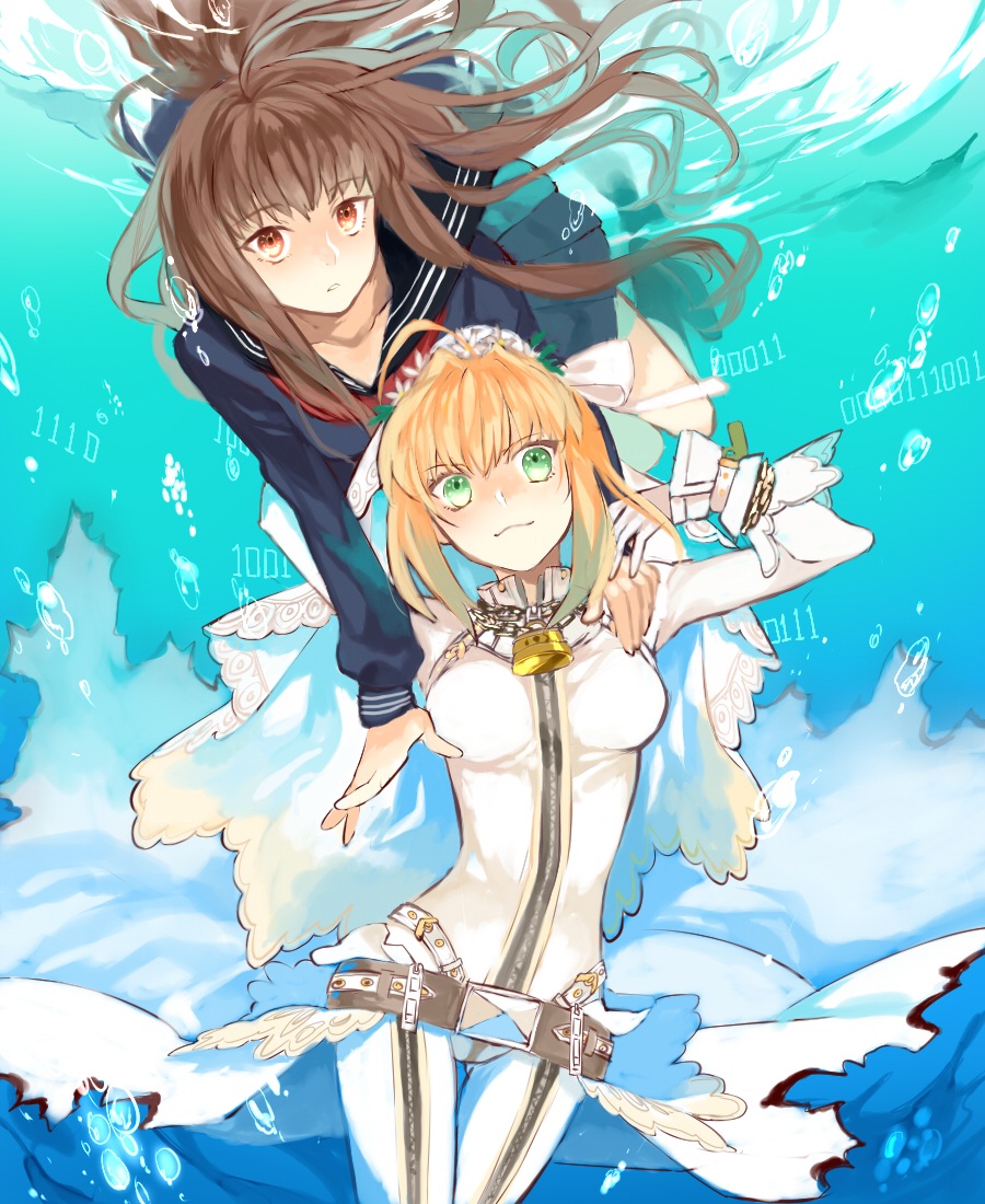 10s, 2girls, ahoge, bad_id, bad_pixiv_id, belt, blonde_hair, bodysuit