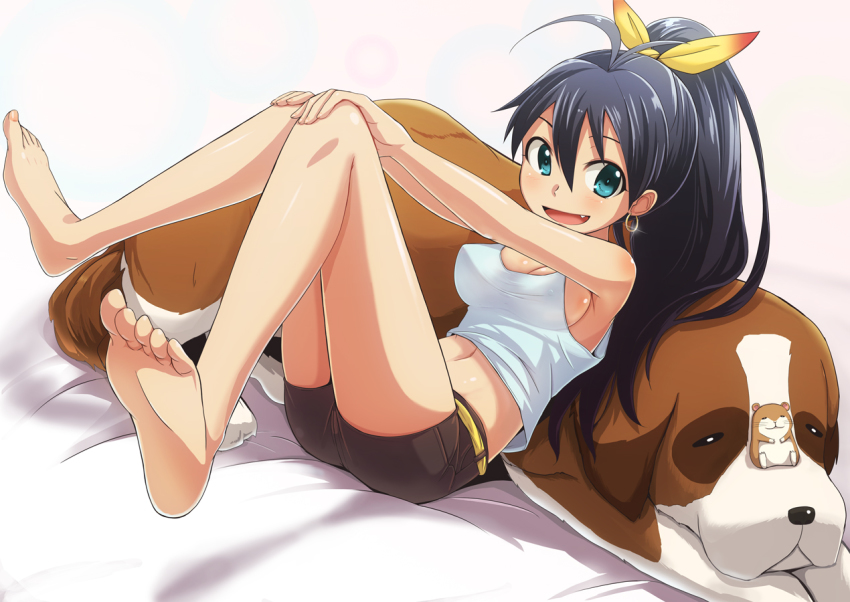 1girl, animal, bare_legs, barefoot, black_hair, bow, breasts, dan_(orange_train)