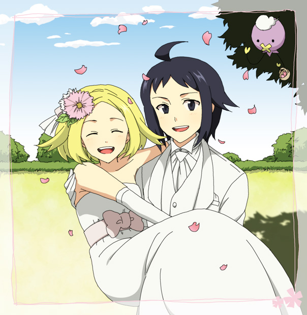 10s, 1boy, 1girl, ahoge, bad_id, bad_pixiv_id, bare_shoulders, bianca_(pokemon), black_hair, blonde_hair, bloom, bow, carrying, cheren_(pokemon), dress, drifloon, flower, formal_clothes, gen_4_pokemon, hair_flower, hair_ornament, happy, koitsu_(blue), laughing, looking_at_viewer, necktie, nintendo, no_eyewear, open_mouth, pokemon, pokemon_(creature), pokemon_black_and_white, princess_carry, short_hair, suit, wedding, wedding_dress, white_dress