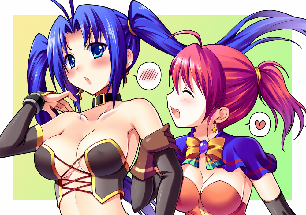 2girls, :o, alice_wishheart, alternate_hairstyle, blue_eyes, blue_hair, blush, bow