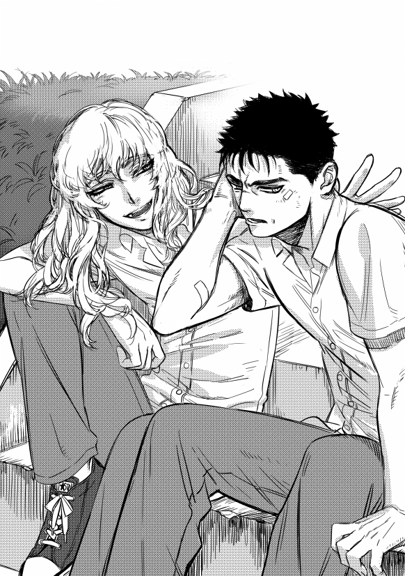 1990s_(style), 2boys, bandages, berserk, casual, contemporary, greyscale, griffith_(berserk)