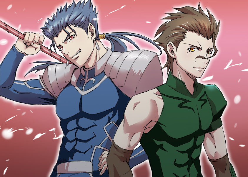2boys, ahoge, bad_id, bad_pixiv_id, blue_hair, brown_hair, cu_chulainn_(fate), cu_chulainn_(fate/stay_night), cu_chulainn_(lancer)_(fate), diarmuid_ua_duibhne_(fate), diarmuid_ua_duibhne_(lancer)_(fate), earrings, fate/stay_night, fate/zero, fate_(series), gae_bolg_(fate), jewelry, long_hair, male_focus, mole, mole_under_eye, mondrianfff, multiple_boys, orange_eyes, polearm, ponytail, red_eyes, spear, weapon, yellow_eyes